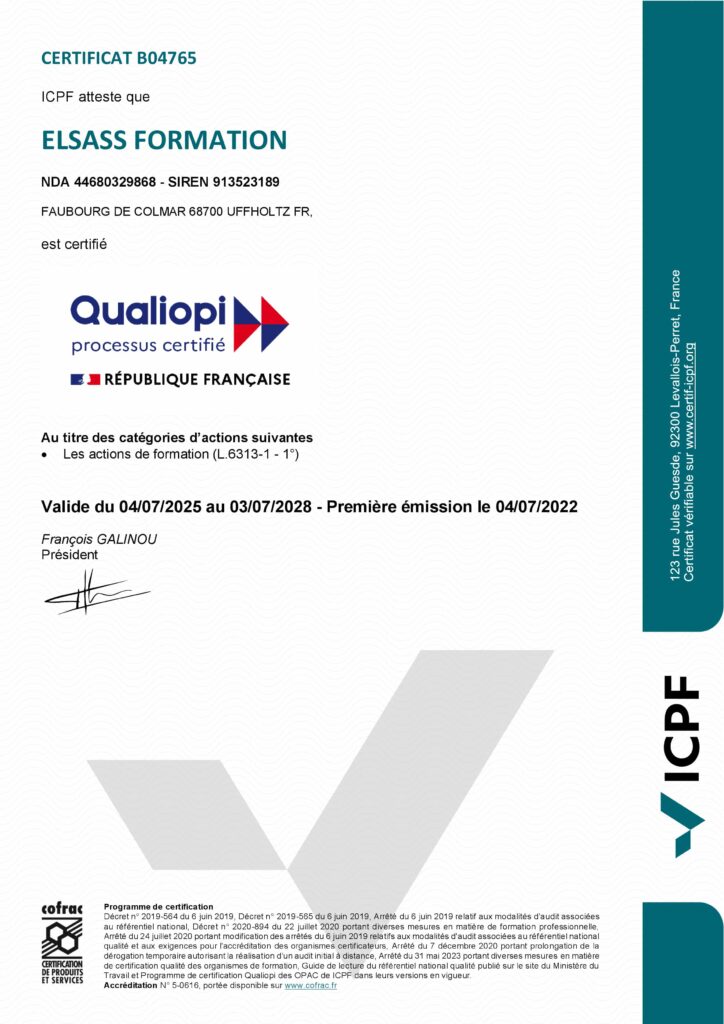 Certificat QUALIOPI 2025-2028 pour Elsassformation